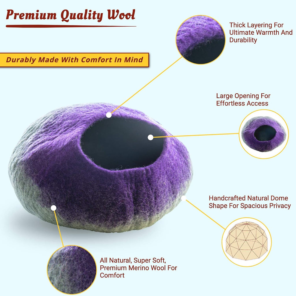 Premium Wool Cat Cave Bed (Large) | with 100% Natural Merino Wool | Eco Friendly Felt Cat Cave for Cats and Kittens