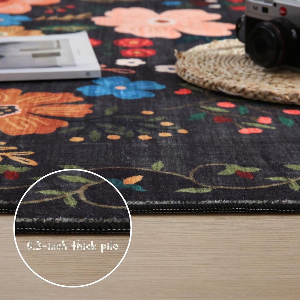 Living Room Rug 5x7 Rug Machine Washable Boho Area Rug Non Slip Floral Vintage Low Pile Large Rugs for Living Room
