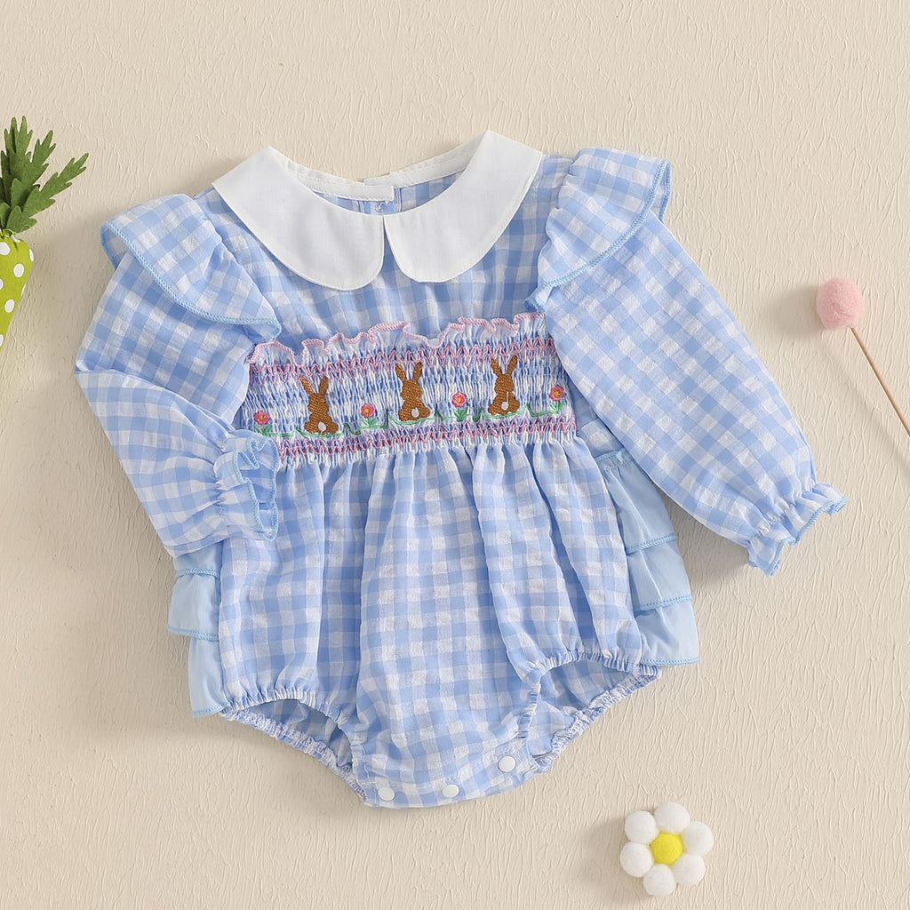 Baby Girl Easter Outfit Newborn Bunny Bubble Romper Long Sleeve Embroidery Jumpsuit Cute Smocked Clothes (Easter