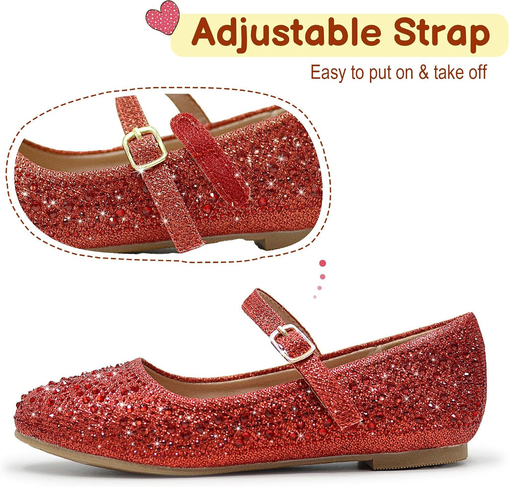 Girls Dress Shoes Sparkle Mary Jane Ballet Flats with Rhinestone Princess Flower Wedding Shoes