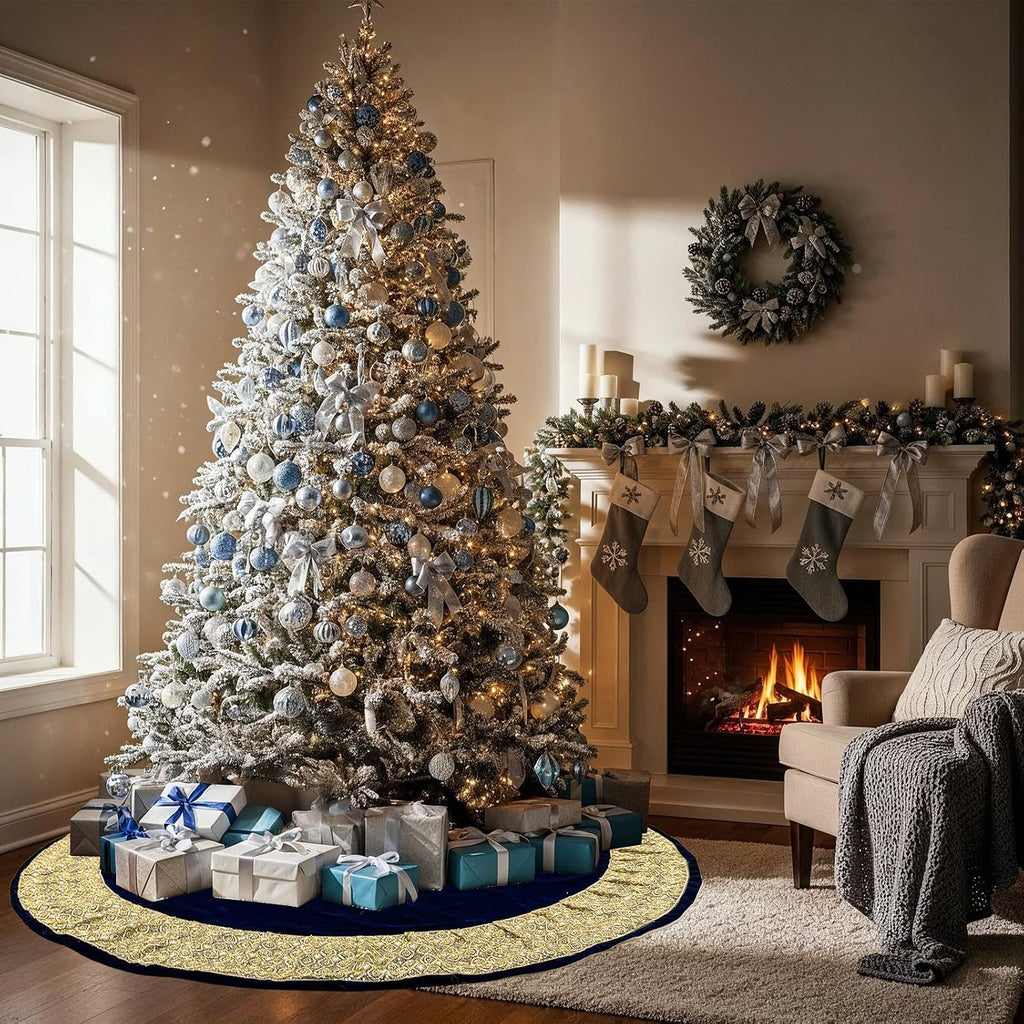 72Inch Christmas Tree Skirt, Extra Large Velvet Tree Base Cover with Gold Glitter Trim and Bow, Big Tree Skirt for