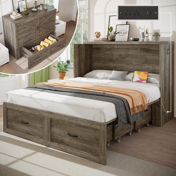 Murphy Bed with Storage & Charging Station, Murphy Cabinet Bed with Large Drawer for Guest Bedroom, Living Room