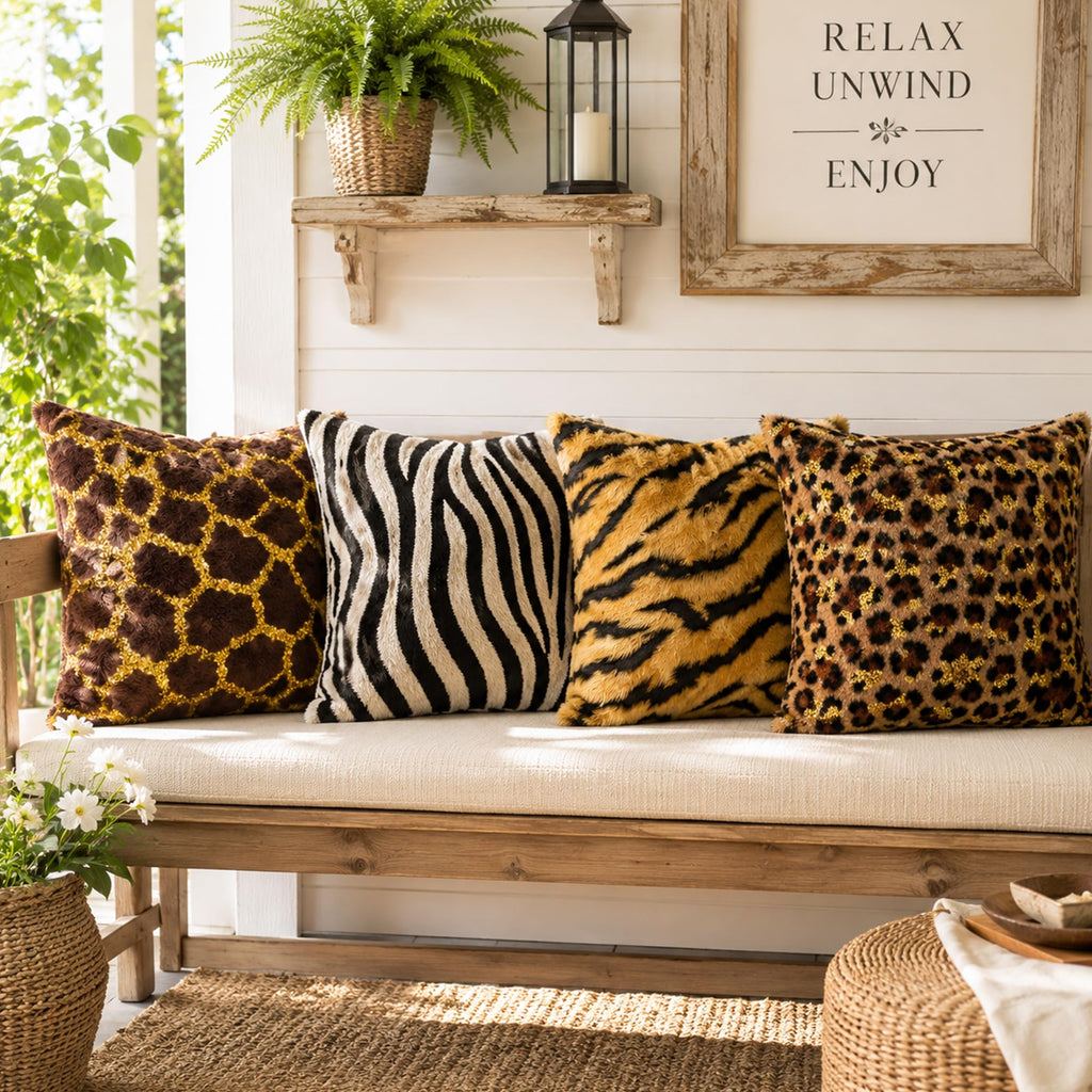 Animal Print Pillow Covers Set of 4 Brown Jungle Animal Throw Pillows Tan Faux Fur Room Decor Man Masculine Pillow