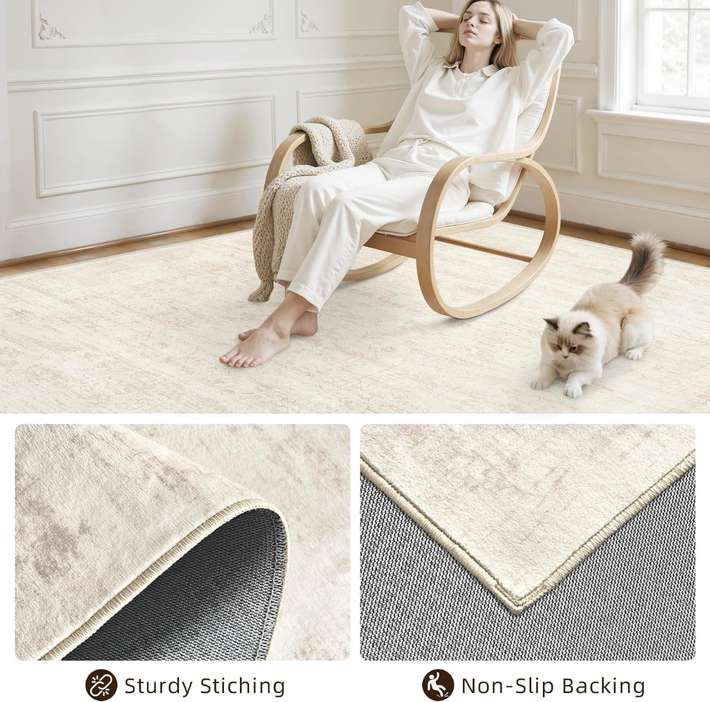 Area Rugs Living Room: Bedroom Washable Carpet Retro Beige