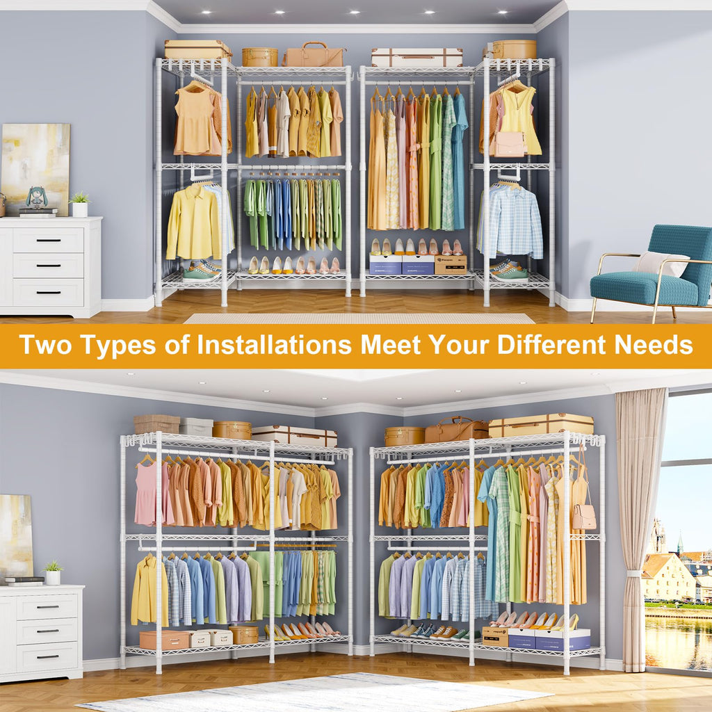 E15 Garment Rack L Shaped Clothes Rack for Corner, Freestanding Clothing Racks for Hanging Clothes, Heavy Duty Closet