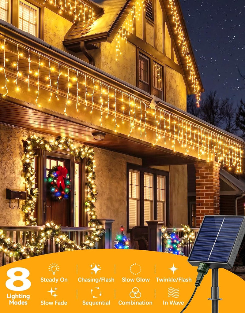 58FT Solar Christmas Icicle Lights Outdoor Waterproof with Remote