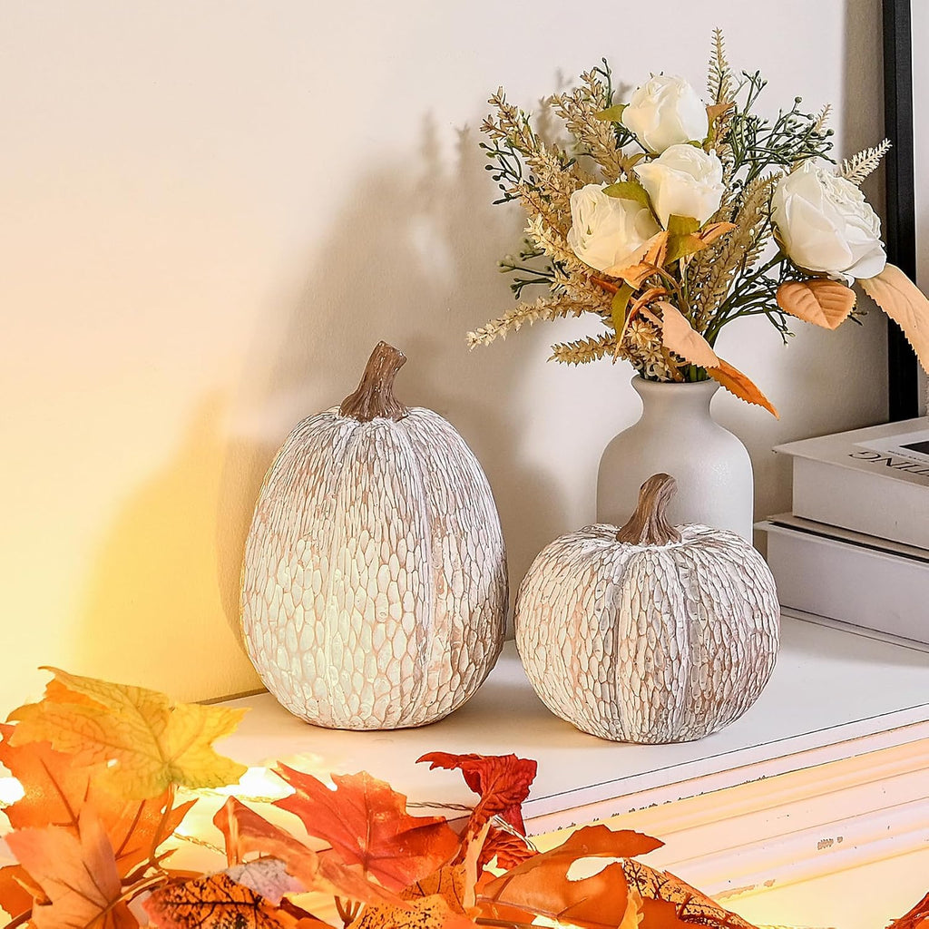 Artificial Pumpkin Decor, Brown and White Decorative Pumpkins - Set of 2