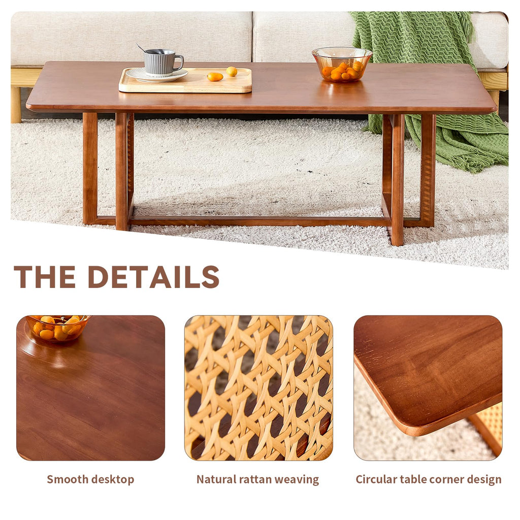 Coffee Table, Rectangle Solid Wood Table Top, Modern Imitation Rattan Coffee Table, Cross Table Legs Tea Table Small