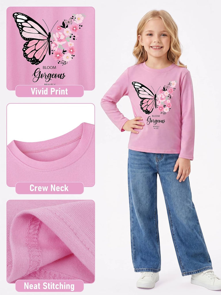 4 Pack Girls Long Sleeve Printed Shirts Cotton Crew Neck Tops