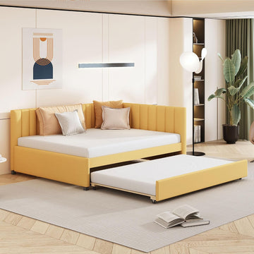 Full Size Upholstered Daybed with Trundle, Yellow Linen Sofa Bed Frame Guest Room, No Box Spring Needed