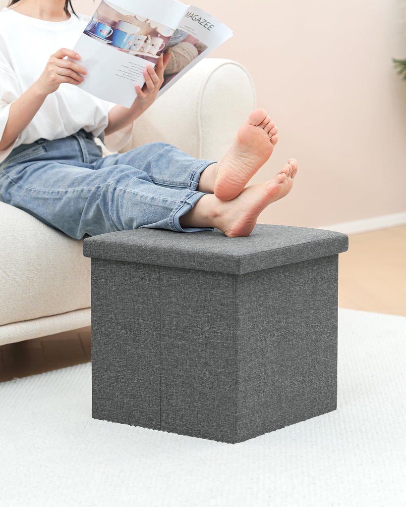Storage Ottoman with Tray, 16" Linen Small Ottomans Cube, Grey
