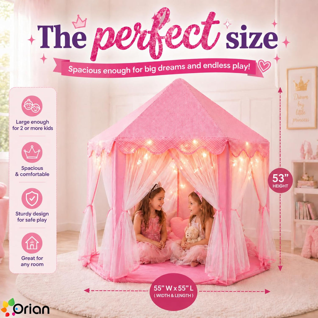 Princess Tent for Girls, Kids Pink Play Tent, Ages 2-7, 55" x 53"