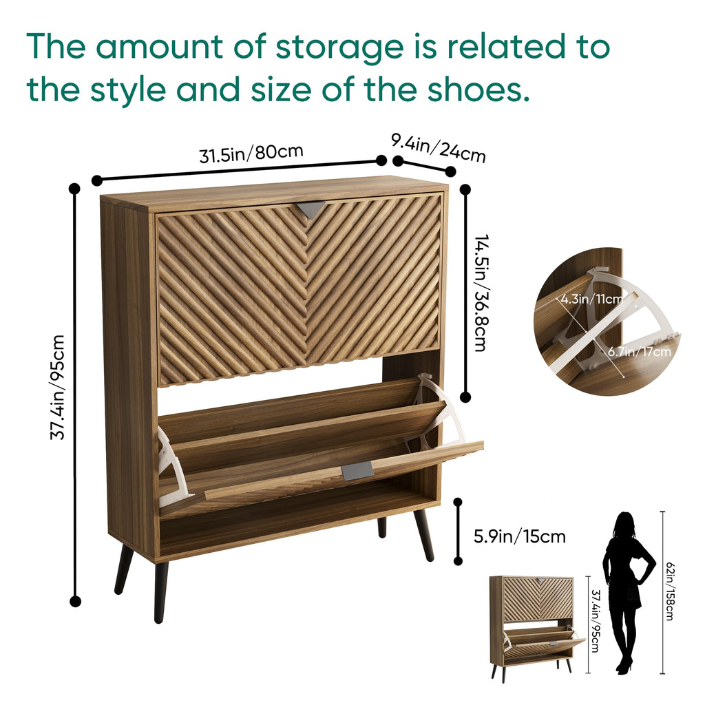 Walnut Shoe Cabinet with 2 Flip Drawers, 31.5" Hidden Shoe Storage Cabinet with Fluted Diamond Doors, Freestanding