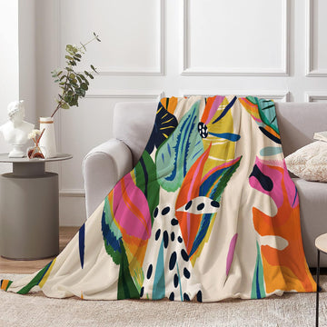 Abstract Colorful Throw Blanket, Jungle Floral Plant Bohemian Modern Asthetic Pastel Contemporary Art Blanket for
