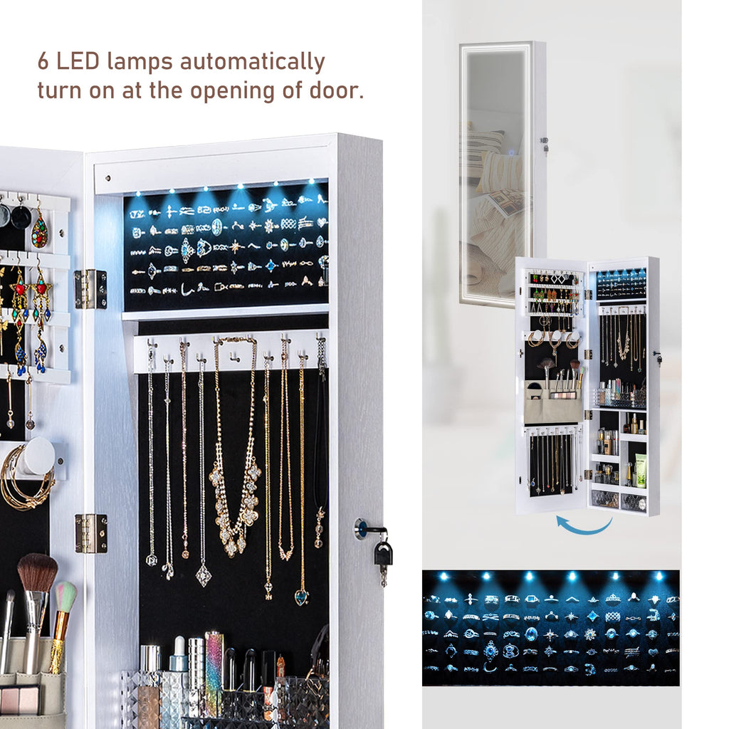 Jewelry Cabinet with 3 Groove Mirror Lamps, Full Length Mirror, Wall/Door Mounted Jewelry Armoire Organizer with 3