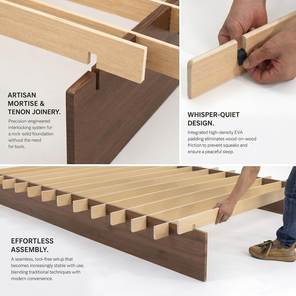 Japanese Platform Bed Frame with Wooden Slats, Easy Assembly