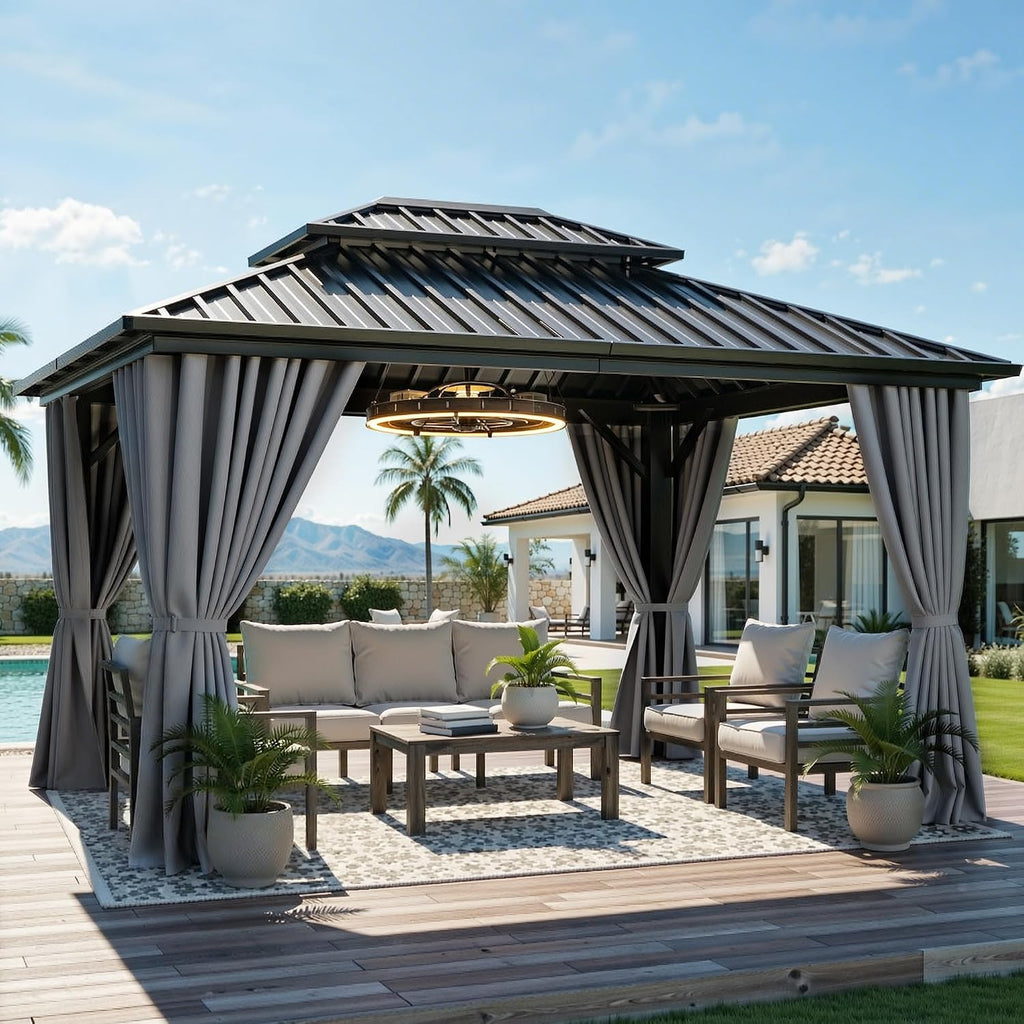 10X12FT Hard Top Gazebo Aluminum Frame Patios Double Roof Canopy Garden Metal Gazebo Tent Curtains Netting for Patios
