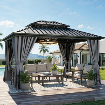 10X12FT Hard Top Gazebo Aluminum Frame Patios Double Roof Canopy Garden Metal Gazebo Tent Curtains Netting for Patios