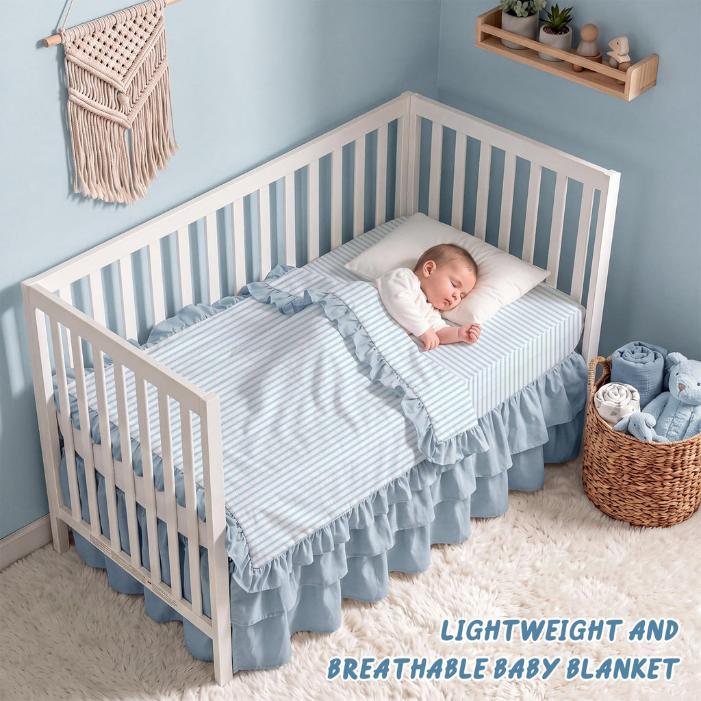 3 Piece Blue Stripe Crib Bedding Set with Sheet and Skirt