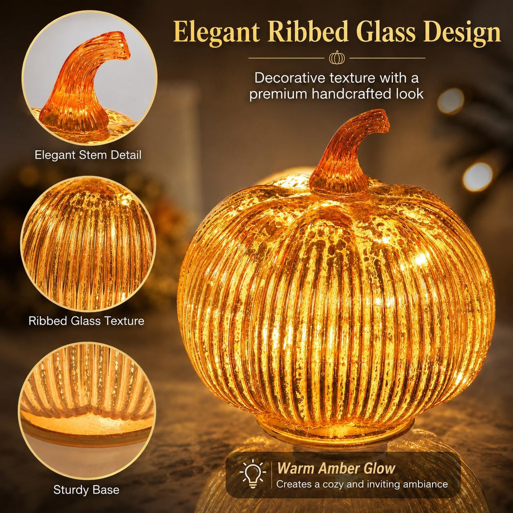 Gold Mercury Glass Pumpkin Light with 2 Lighting Modes and 6-Hour Timer, 5.5 x 6 Inch Battery Operated Fall Decor
