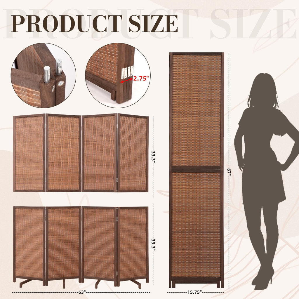 Bamboo Room Divider 67"4 Panel, Wooden Frame Freestanding Wall Divider, Brown