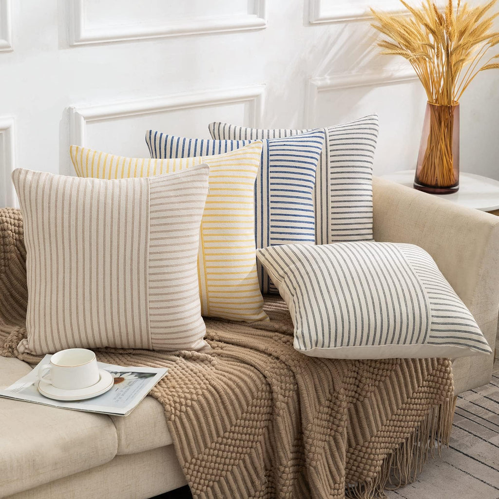 Farmhouse Pillow Covers 12x20, Modern Accent Lumbar Throw Pillow Covers Set of 2, Blue and Beige Striped Patchwork