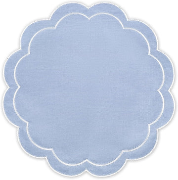 Dusty Blue Linen Placemats Embroidered Round Scalloped Kitchen Table Mats for Spring Easter Party Home Dining Table - Set of 6