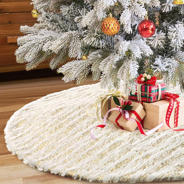 Christmas Tree Skirt White Bronzing Luxury Faux Fur Tree Skirt (Gold 48in)