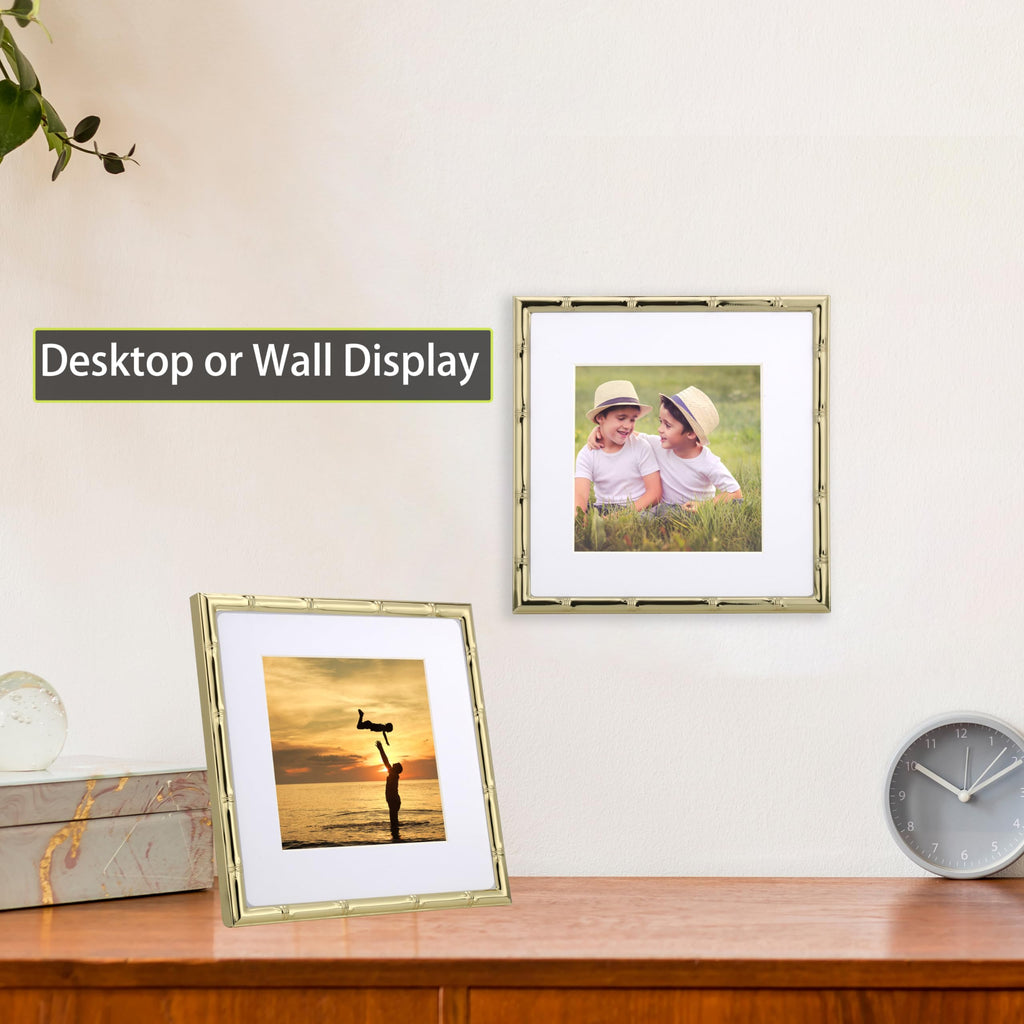 6x6'' Sqaure Gold Metal Picture Frame With Mat for 4x4'' Set of 2, Bamboo Detail Designs Gold Plated Photo Frames