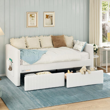 Twin Daybed with Storage Drawers, Corduroy Upholstered, Cream