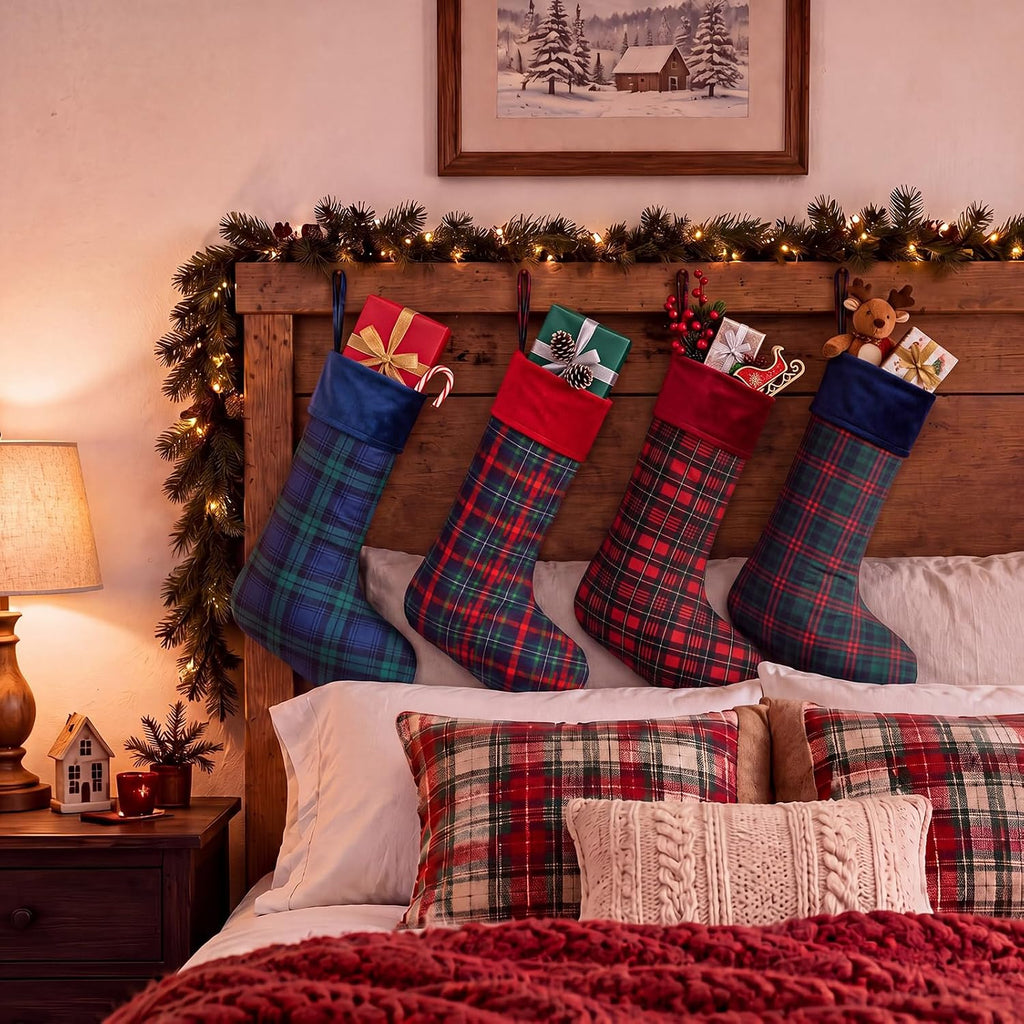 Classic Christmas Stockings Tartan Plaid Velvet Cuff 22" - Set of 4