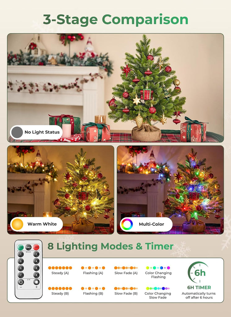 2ft Pre-lit Artificial Mini Christmas Tree, Small Tabletop Decor