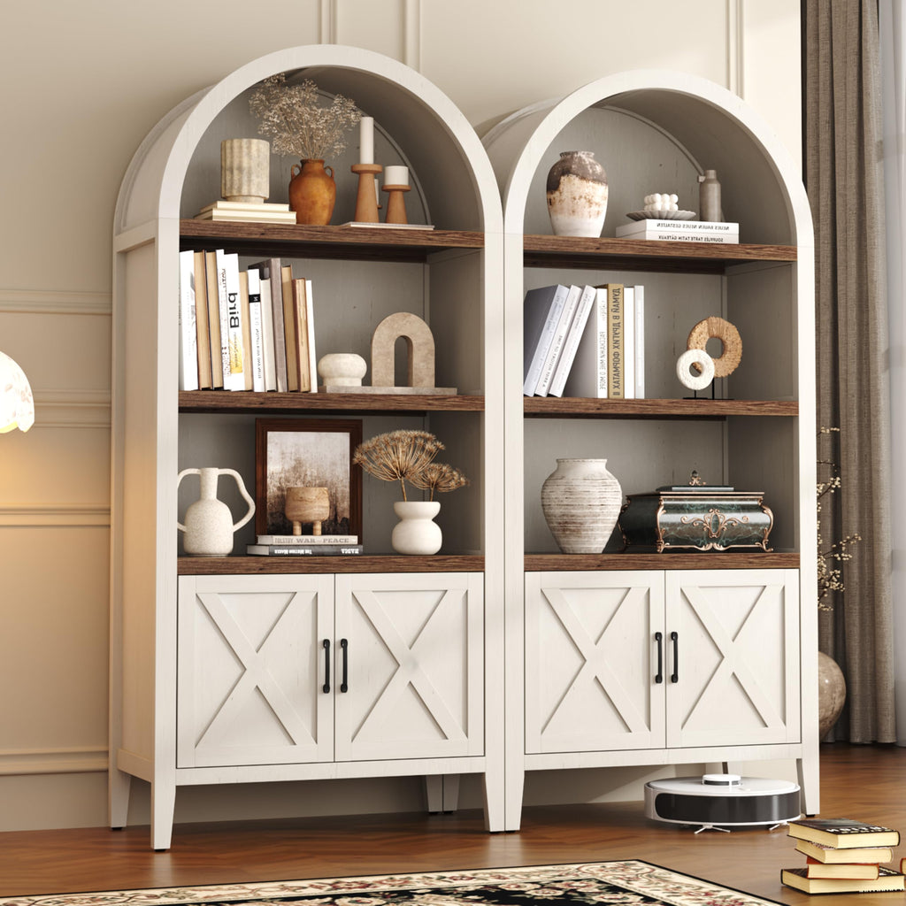 71" Tall Arched Bookcase, 5-Tier Arched Bookshelf, Arch Cabinet Display Cabinet with Doors and Shelves, Modern