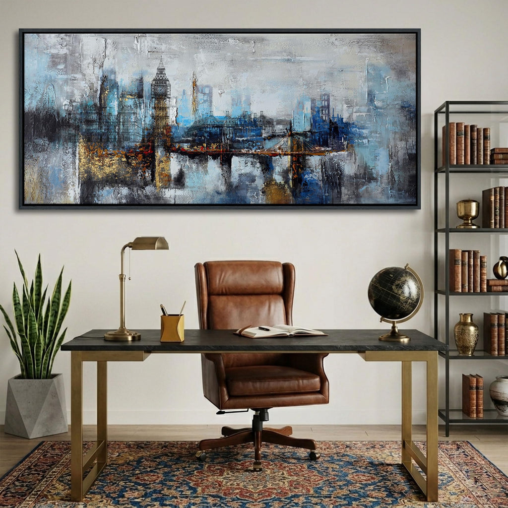 Large Wall Abstract City View Canvas Gray Blue Buildings Prints Wall Office Artwork Wall Decor Decor 31x70 inches