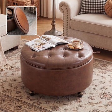 29" Large Round Storage Ottoman with Tray , Brown | Modern PU Leather Coffee Table Ottoman with Storage & Wheels