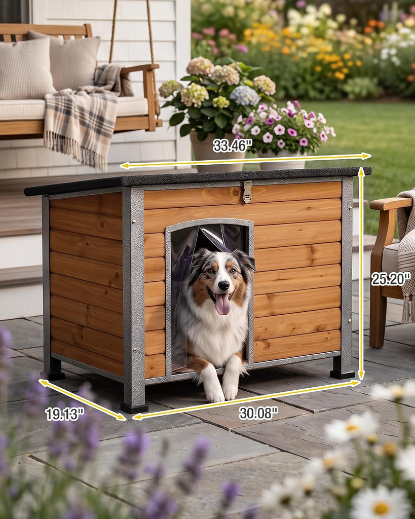 Indoor Outdoor Dog House, Anti-Chewing Iron Frame Dog Kennel, Wood Warm Pets Home, Weatherproof Outside Shelter
