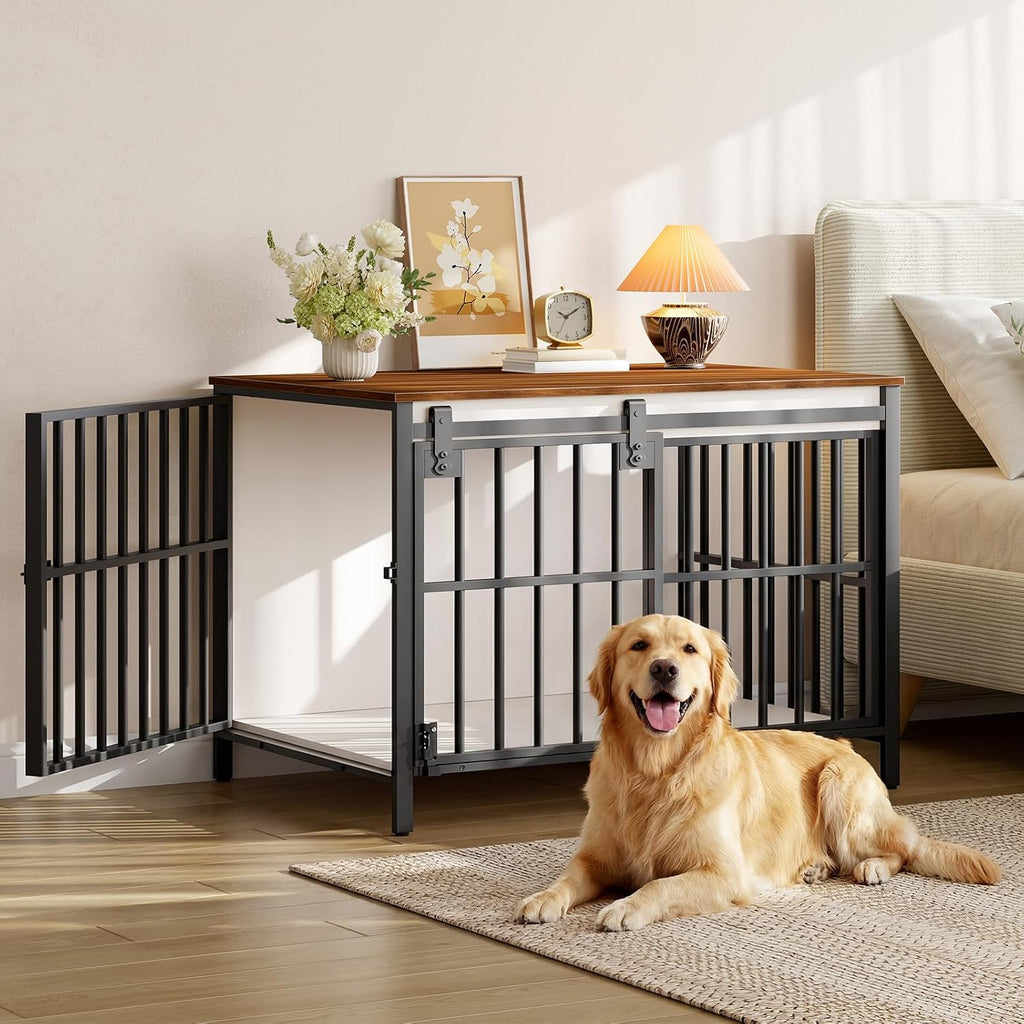 Dog Crate Furniture with Sliding Barn Door, Dog Kennel Indoor for Medium/Large Dogs, Heavy Duty Dog Cage with 2