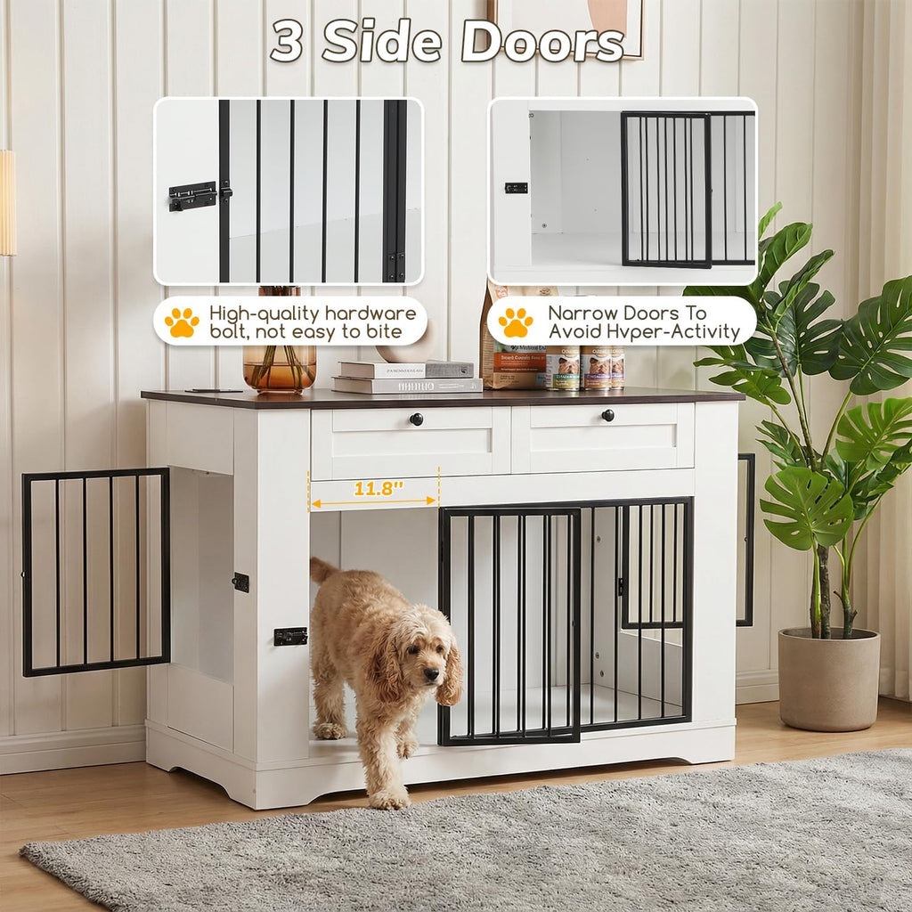 Dog Crate Furniture TV Stand with Charging Station-47. Heavy Duty Dog Kennel Furniture tv table with 2 Drawers