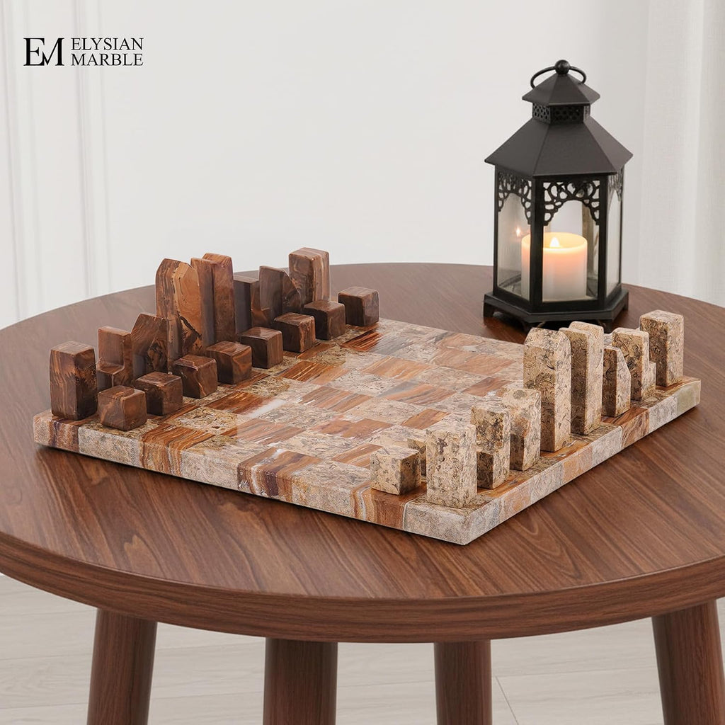 Modern Chess Set - Handcrafted Borderless Marble Chess Board with Minimalist Geometric Pieces, Luxury Decorative