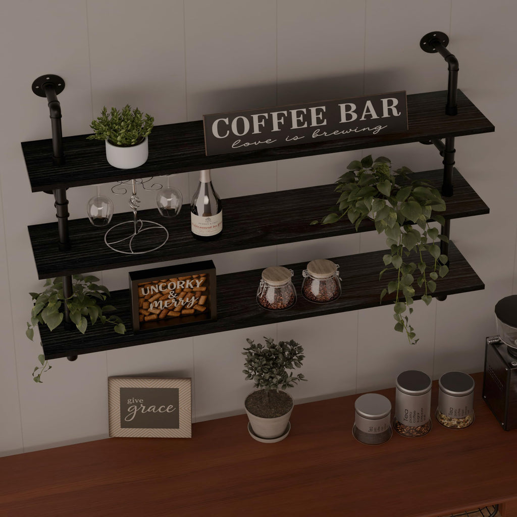 Industrial Pipe Shelving Rustic Black Wall Shelves with Wood Planks Industrial Floating Shelves 48 Inch 3 Tier