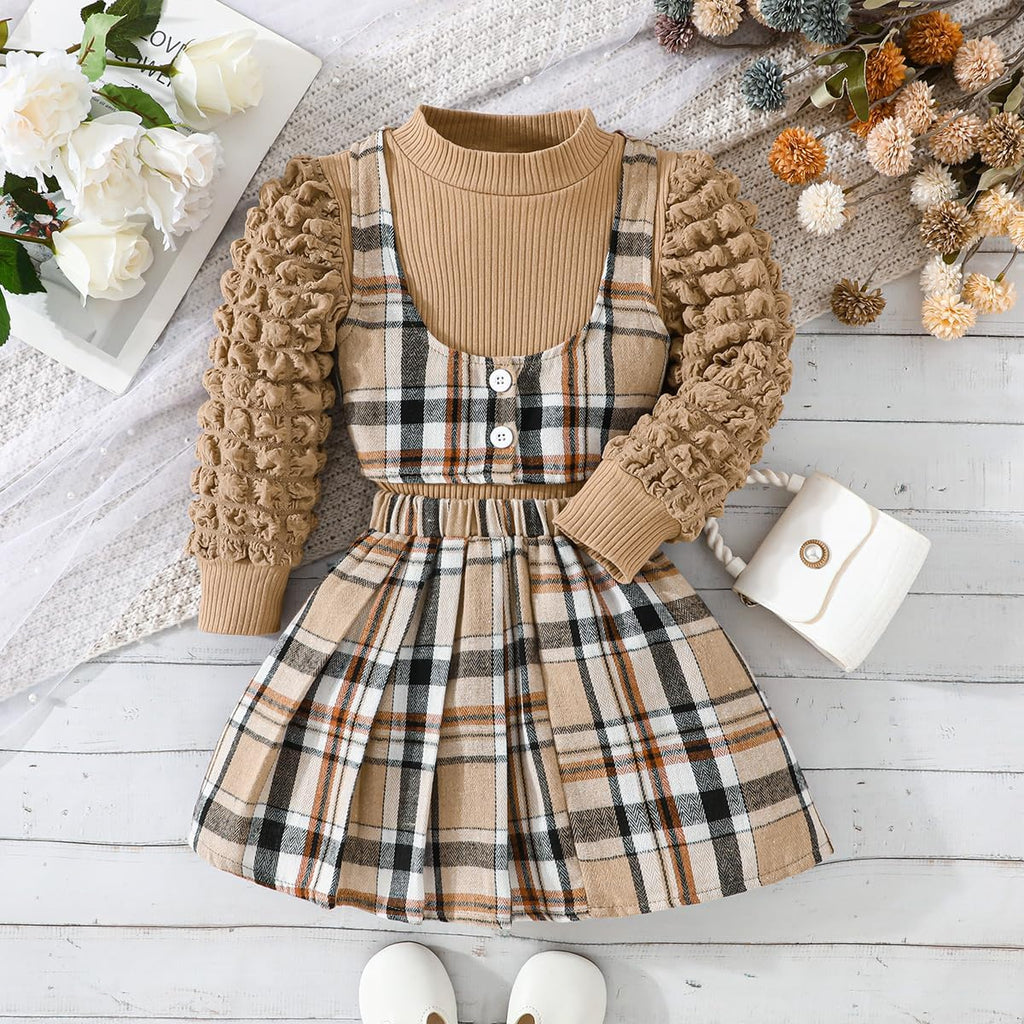 Toddler Girls Fall Winter Outfits Girls Puff Sleeve Knit Ribbed Tops Button Down Vest Plaid Skirt Set Fall Clothes