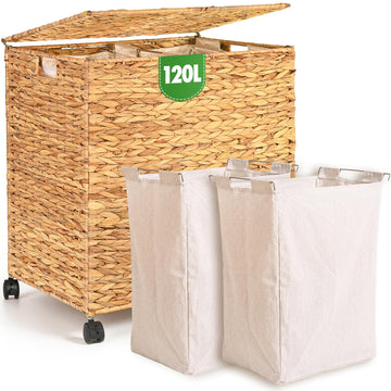 Wicker Laundry Hamper with Lid & Wheel, Rattan Laundry Basket, 120L
