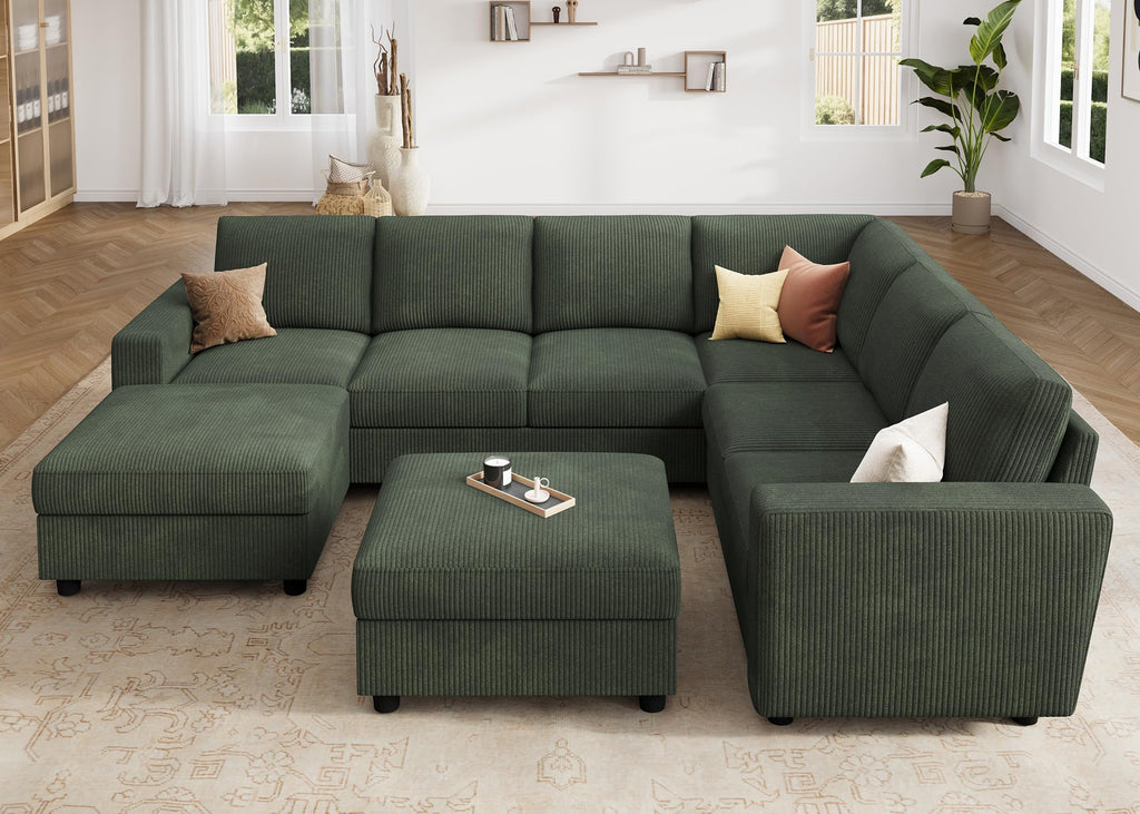 Corduroy Sectional Couch with Storage, 8 Seater U Shaped Sectional Sofa Sectional Couches, Green