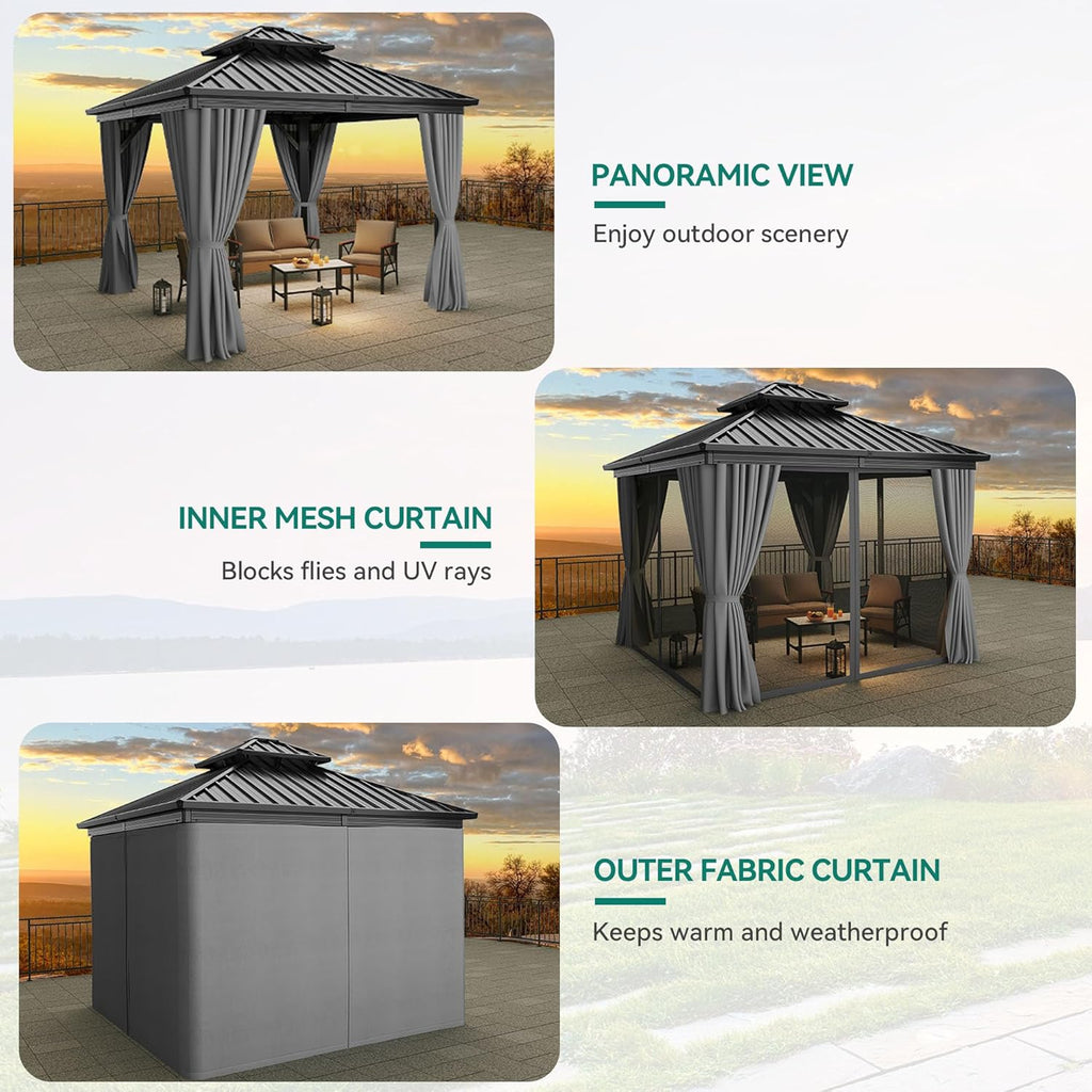 10X10FT Gazebo Patios Hard Top Outdoor Double Roof Canopy Aluminum Frame Garden Gazebo with Curtains Netting for