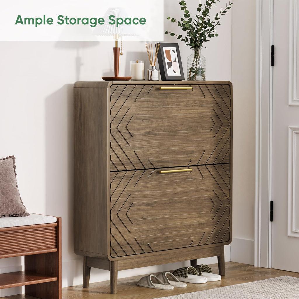 Shoe Storage Cabinet with Hand-Carved Raised Embossed 2 Flip Drawers, Narrow Shoe Cabinet Storage, Freestanding Shoe
