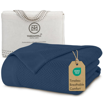 Luxury 100% Cotton Herringbone Blanket, Folkstone Blue