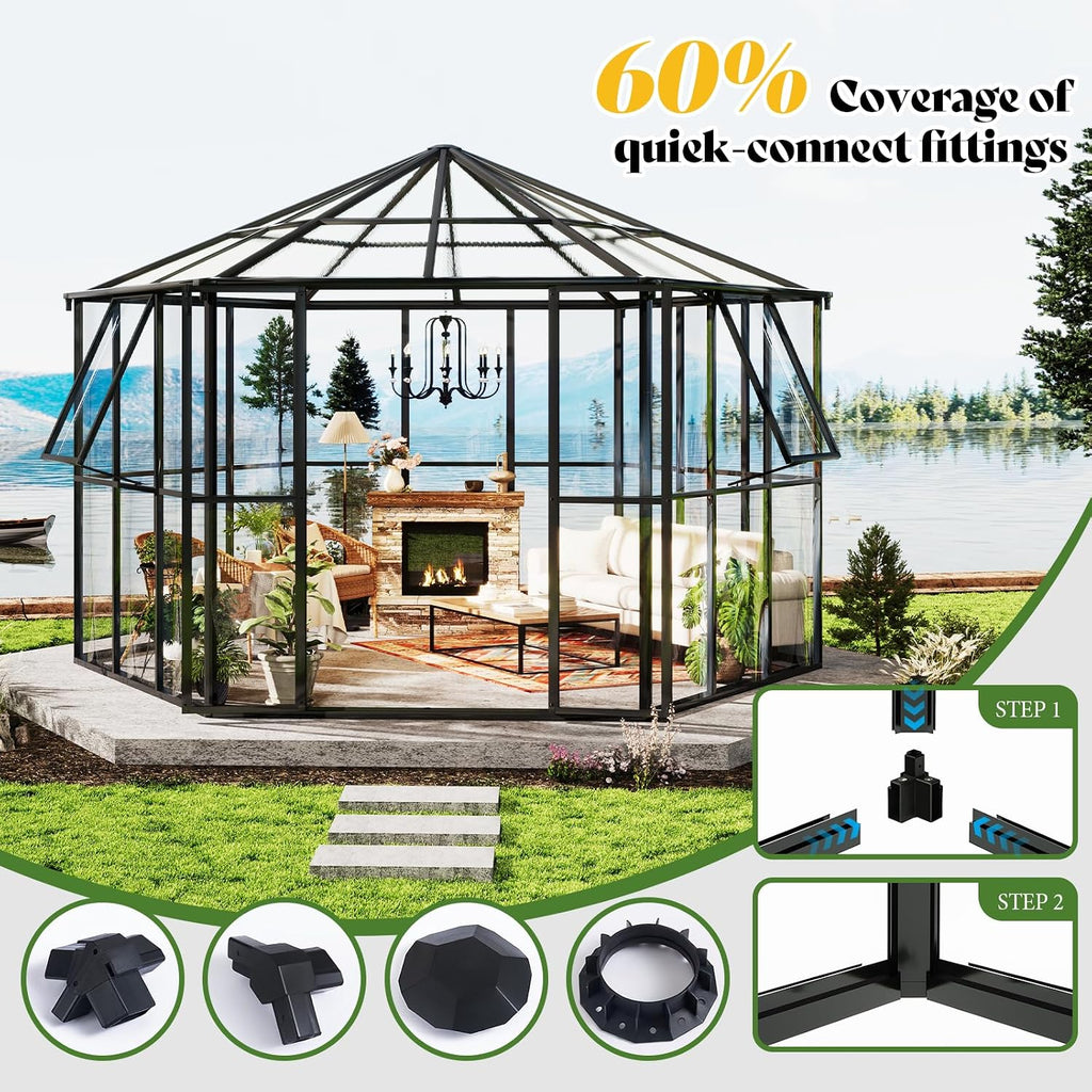 12 x 10 x 8 FT Hexagonal Outdoor Greenhouse | Aluminum Frame with Quick-Connectors, 2 Swing Doors and 2 Vents