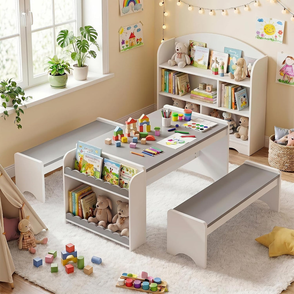 Kids Table and Bench Set, Montessori Kids Table and Chair Set, Indoor Wooden Toddler Activity Table with Bookshelves