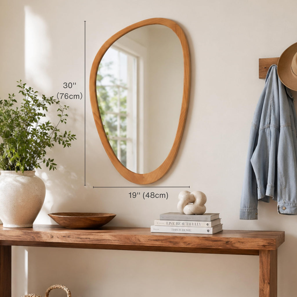 Irregular Wall Mirror, 30"x19" Solid Wood Frame Asymmetrical Mirrors for Mid Century Modern Decor, Tempered Glass