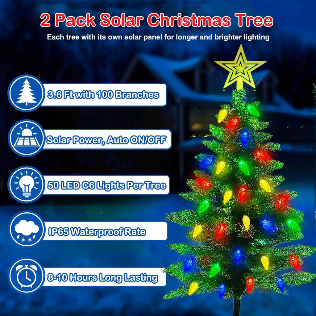 2-Pack 3.6FT Solar Christmas Tree Outdoor Christmas Decorations, 8 Modes Solar Xmas Tree Lights with 100 LED